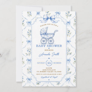Faire-part de naissance Carriage Floral toile bleu