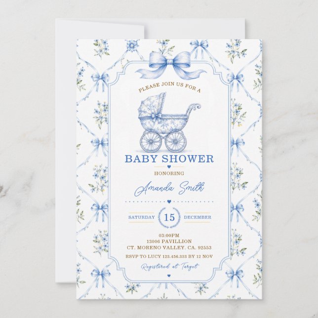 Faire-part de naissance Carriage Floral toile bleu (Devant)