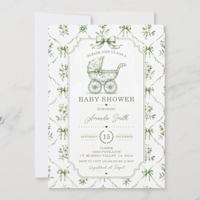 Faire-part de naissance Carrosse Floral Vert Sauge (Devant)