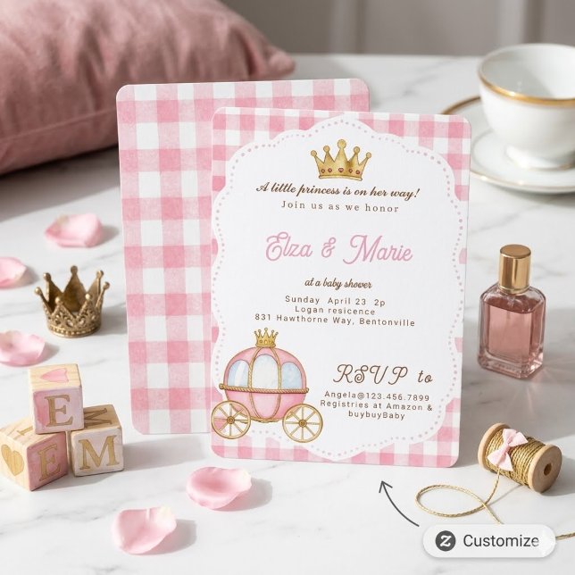Faire-part de Naissance Carrosse Princesse Gingham (Créateur téléchargé)