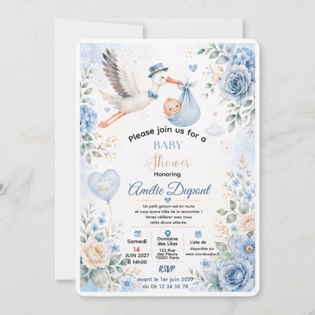 Faire-part de naissance Cigogne Bleue | Élégante A (Devant)