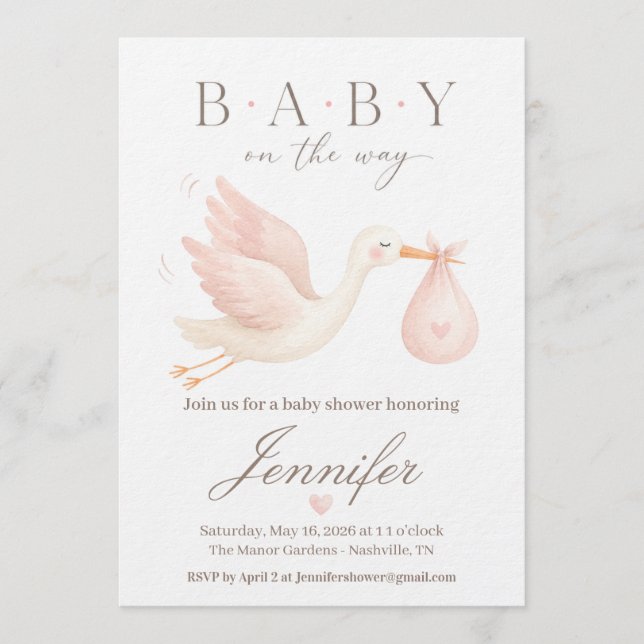 Faire-part de naissance cigogne rose (Devant)