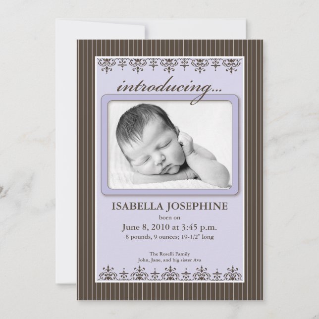 Faire-part de naissance Classy Pinstripe Lilac 5x7 (Devant)