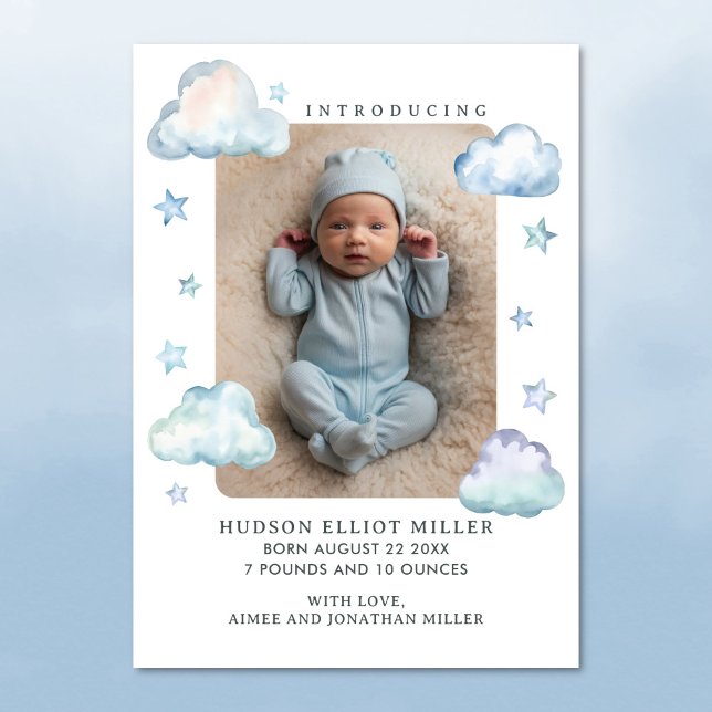 Faire-part de naissance Clouds & Stars Baby Boy Ca (Birth announcement card with clouds and stars )