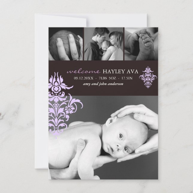 Faire-part de naissance damassé violet et marron (Devant)