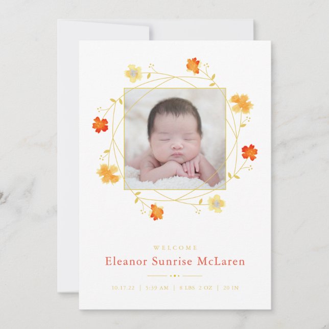 Faire-part de naissance d'aquarelle orange (Devant)