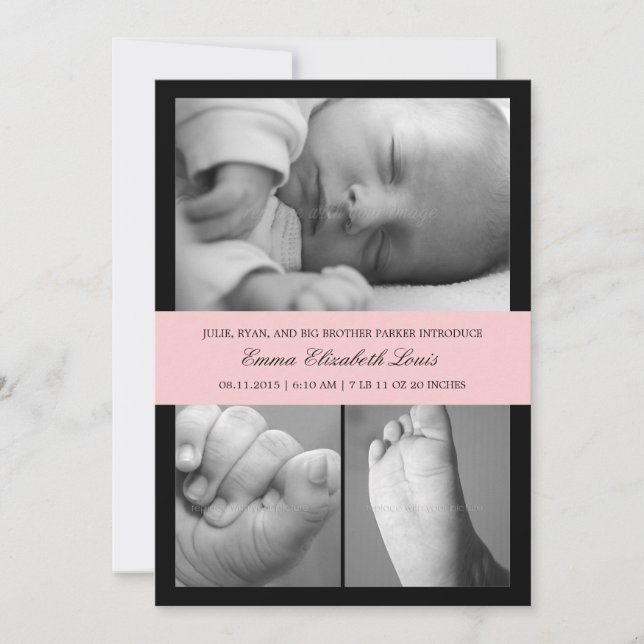 Faire-part de naissance de bande intemporel - rose (Devant)