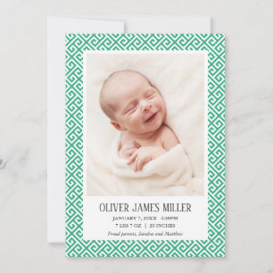 Faire-part de naissance de bébé à clé grecque vert