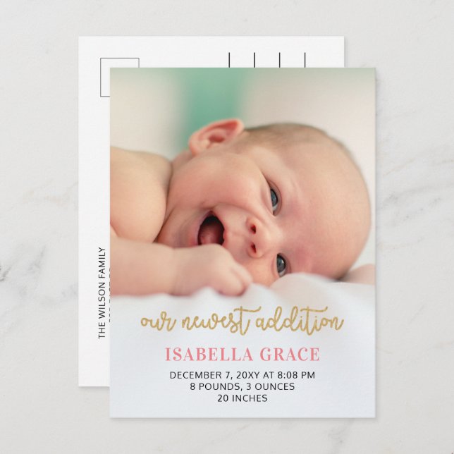 Faire-part de naissance de bébé au script rose (Devant / Derrière)