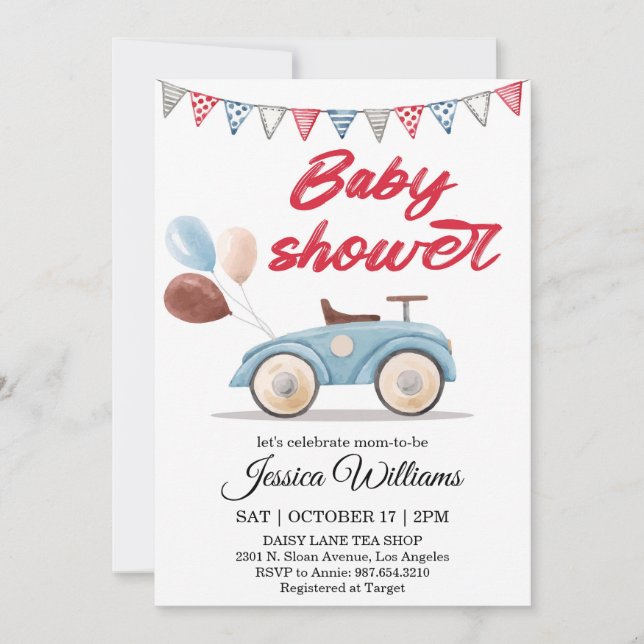 Faire-part de naissance de bébé avec voiture vinta (Devant)