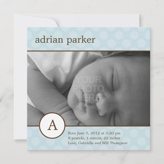 Faire-part de naissance de bébé classique initial (Devant)