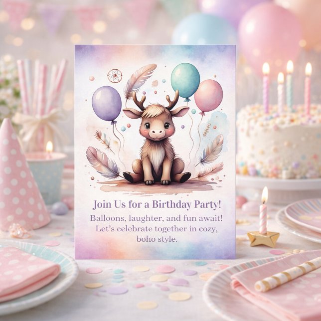 Faire-part de naissance de bébé élan mignon Bois B (Cute baby Moose Birthday Invitation Woodland Boho)