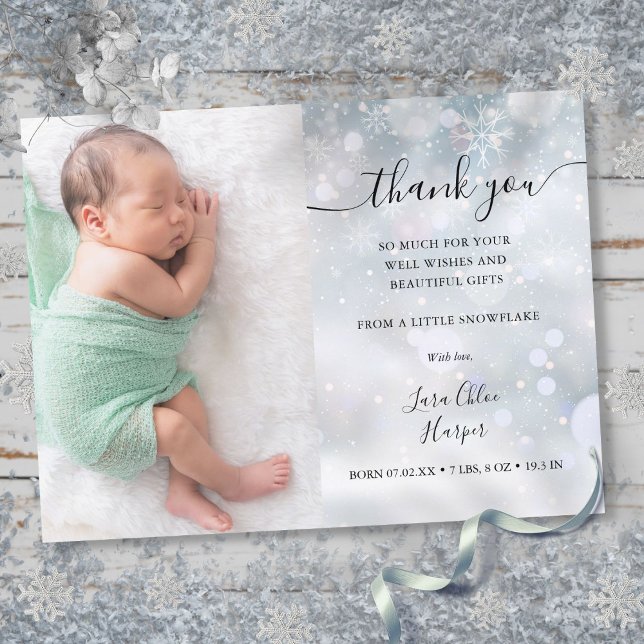 Faire-part de naissance de bébé en hiver Merci Pho (Winter Snowflakes Baby Photo Thank You Birth Announcement Postcard)