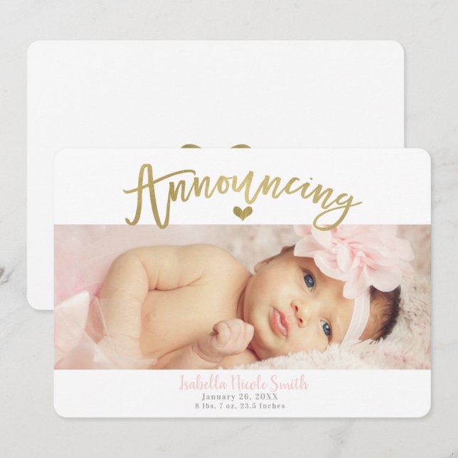 Faire-part de naissance de bébé fille au cœur d'or (Devant / Derrière)