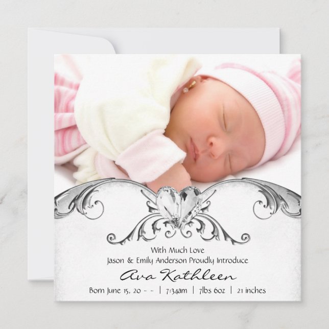Faire-part de naissance de bébé fille blanc argent (Devant)