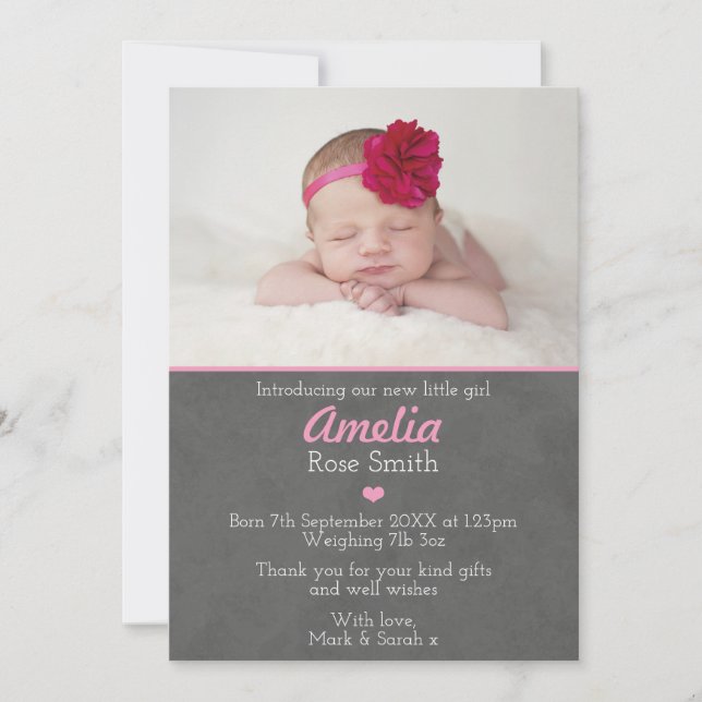 Faire-part de naissance de bébé fille carte de rem (Devant)