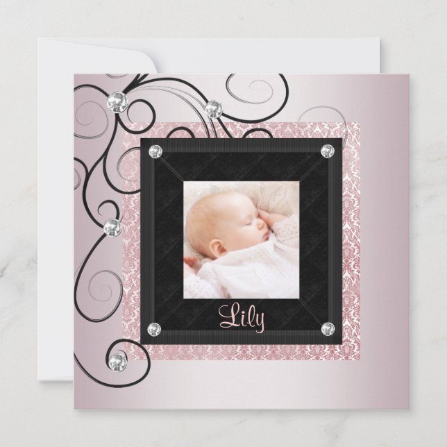 Faire-part de naissance de bébé fille en damas ros (Devant)