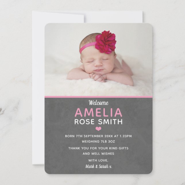 Faire-part de naissance de bébé fille et carte de  (Devant)