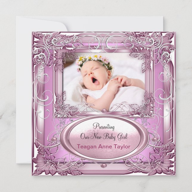 Faire-part de naissance de bébé fille rose argenté (Devant)