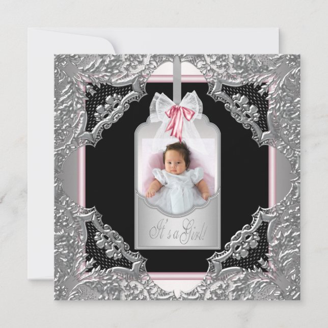 Faire-part de naissance de bébé fille rose et noir (Devant)