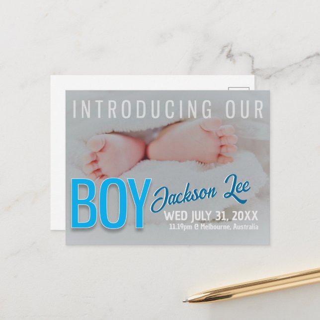 Faire-part de naissance de bébé GARÇON carte posta (Devant/Arrière en situation)