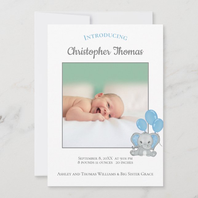 Faire-part de naissance de bébé garçon éléphant bl (Devant)