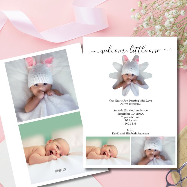 Faire-part de naissance de bébé garçon ou fille av (Multiple Photo Minimalist Modern Baby Birth Announcement Card. Three photos on front, two on back)
