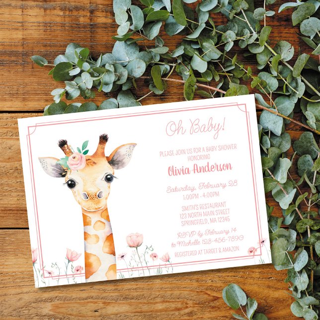 Faire-part de naissance de bébé girafe, fille rose (Créateur téléchargé)