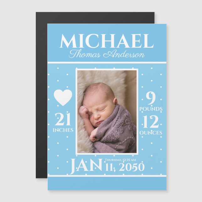 Faire-part de naissance de bébé moderne bleu avec  (Devant / Derrière)