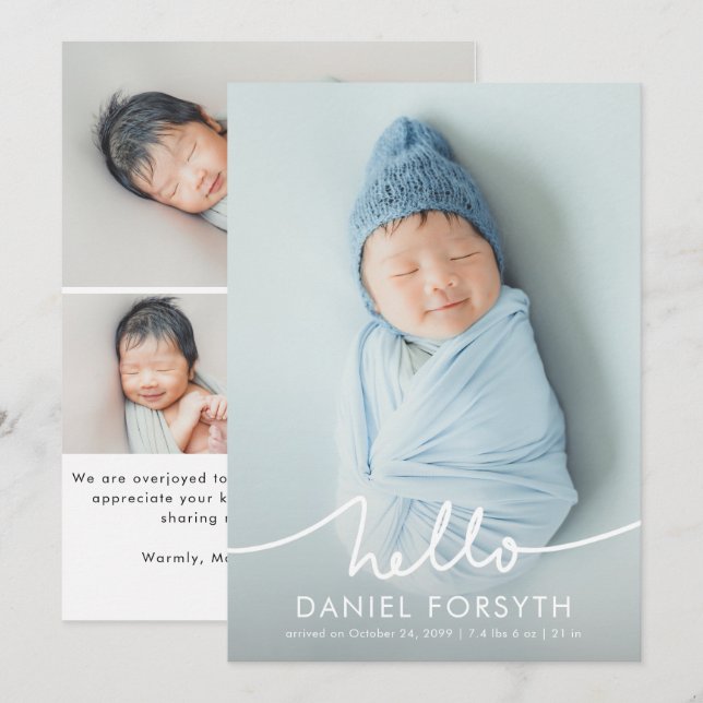 Faire-part de naissance de bébé nouveau-né avec éc (Devant / Derrière)