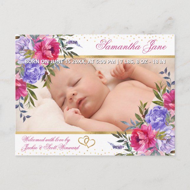 Faire-part de naissance de bébé nouveau-né floral (Devant)