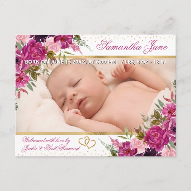 Faire-part de naissance de bébé nouveau-né floral (Devant)