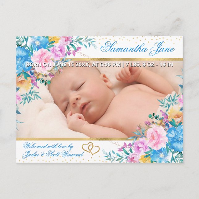 Faire-part de naissance de bébé nouveau-né floral (Devant)