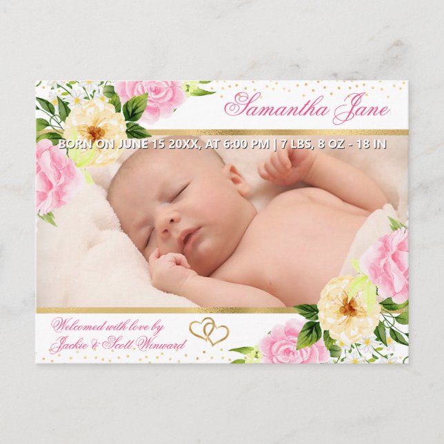 Faire-part de naissance de bébé nouveau-né floral (Devant)