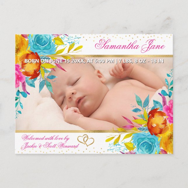 Faire-part de naissance de bébé nouveau-né floral (Devant)