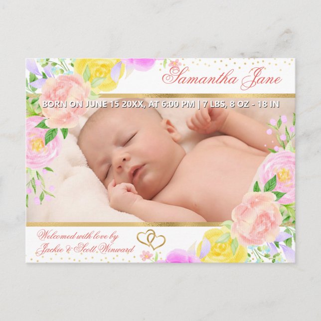 Faire-part de naissance de bébé nouveau-né floral (Devant)