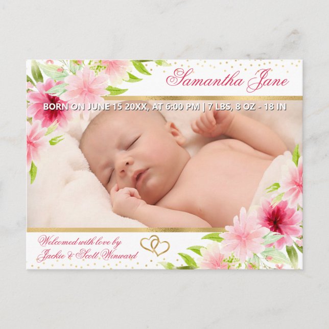 Faire-part de naissance de bébé nouveau-né floral (Devant)