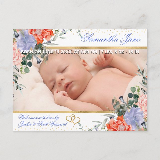 Faire-part de naissance de bébé nouveau-né floral (Devant)