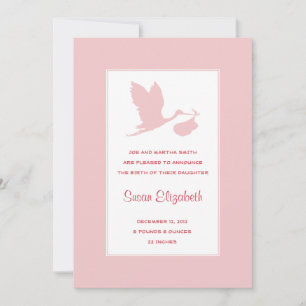 Faire-part de naissance de cigogne rose