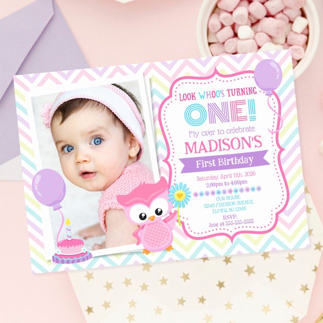 Faire-part de Naissance de Fille Chouette 1 an Ros (Créateur téléchargé)