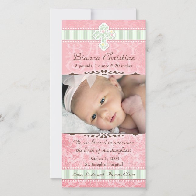 Faire-part de naissance de fleurs rose et verte (Devant)
