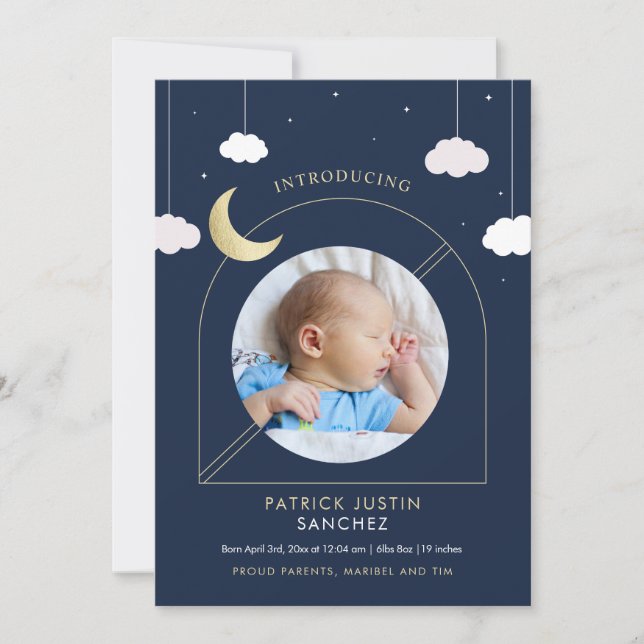 Faire-part de naissance de garçon avec lune et éto (Devant)