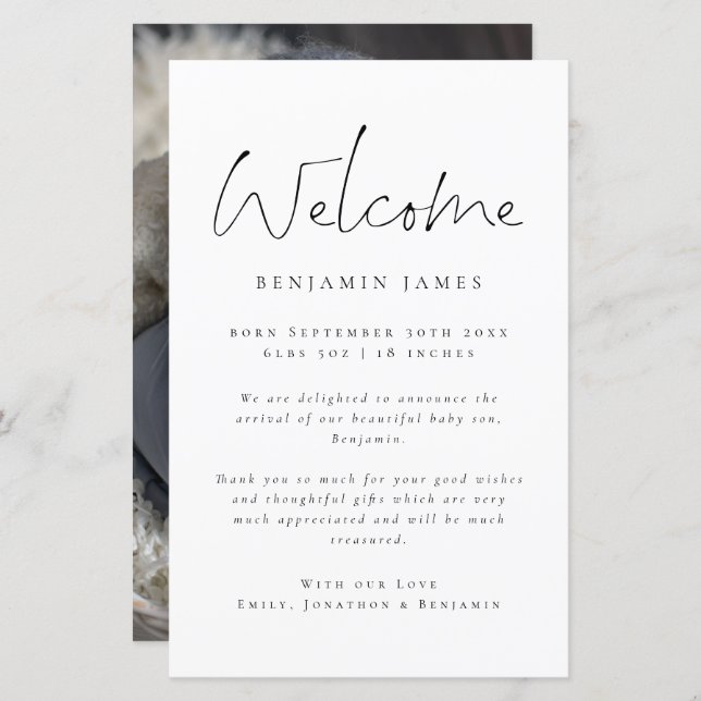 Faire-part de naissance de Merci d'accueil de phot (Devant / Derrière)