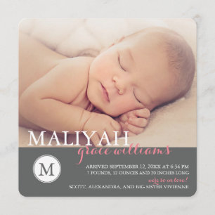Faire-part de naissance de monogramme doux / point