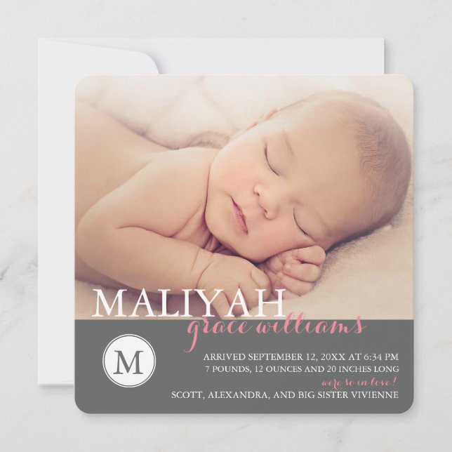 Faire-part de naissance de monogramme doux / point (Devant)