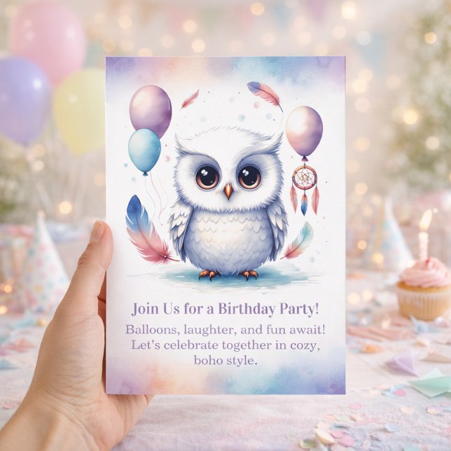 Faire-part de naissance de Petite Chouette neigeus (Little Snowy Owl Birthday Invitation Boho)