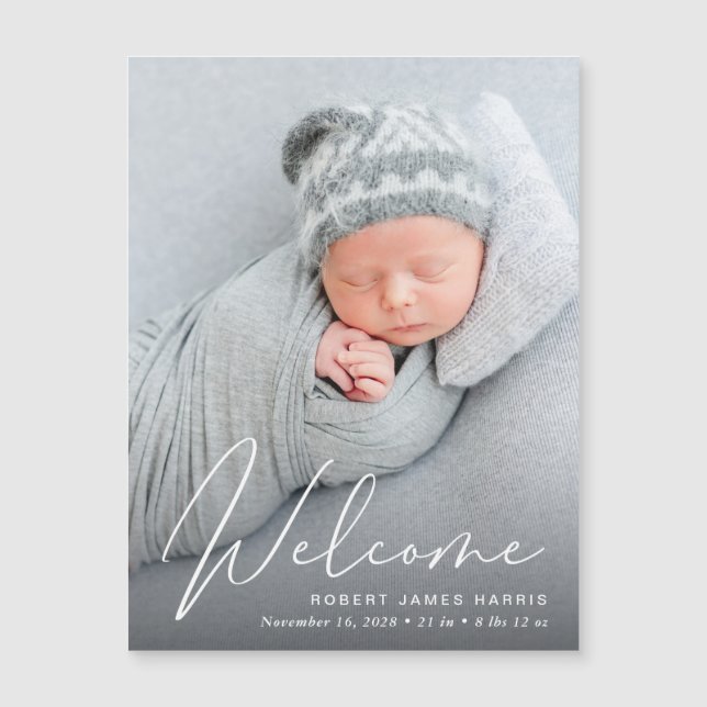 Faire-part de naissance de script blanc de la phot (Devant)