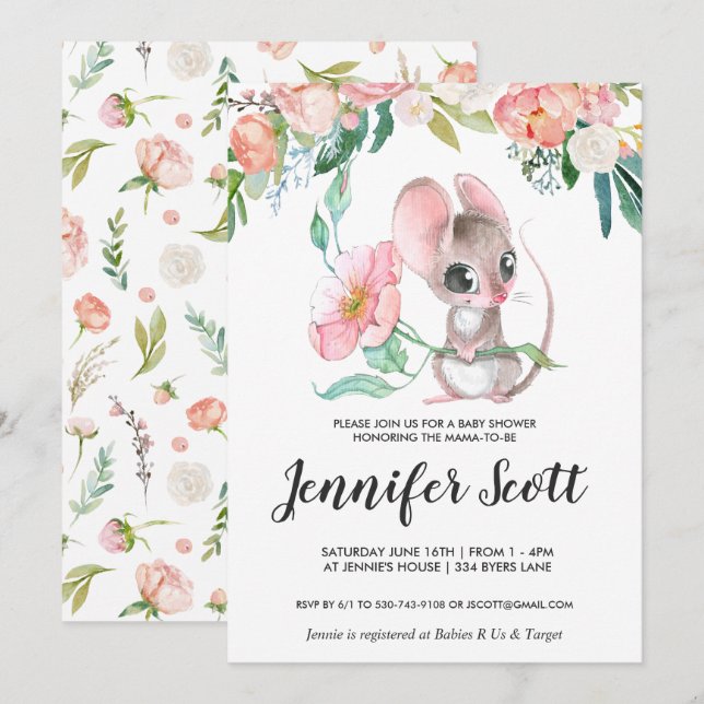 Faire-part de naissance de Souris Florale Bébé (Devant / Derrière)