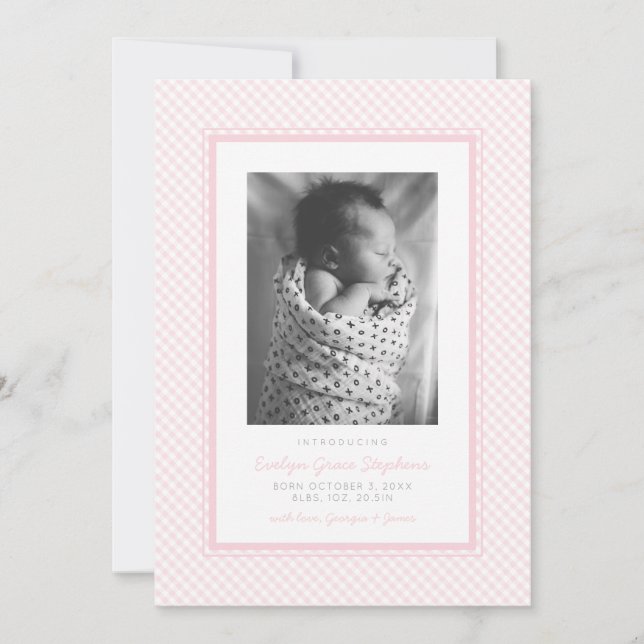Faire-part de naissance doux en vichy rose (Devant)