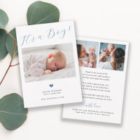 Faire-part de naissance d'un bébé garçon avec 3 ph
